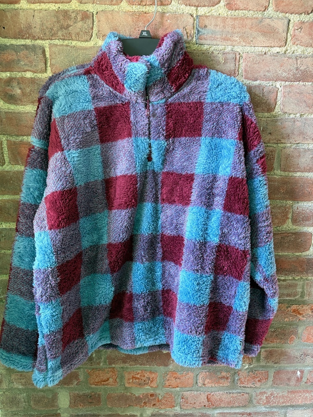 Eddie Bauer Checkered Plush Half-Zip Sweater - Blue & Burgundy women’s size XXL
